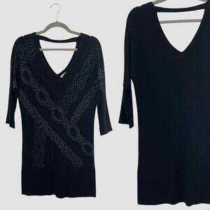 Cache Black Beaded Embellished V Neck 3/4 Sleeve Knit Dress Tunic Women's Size S
